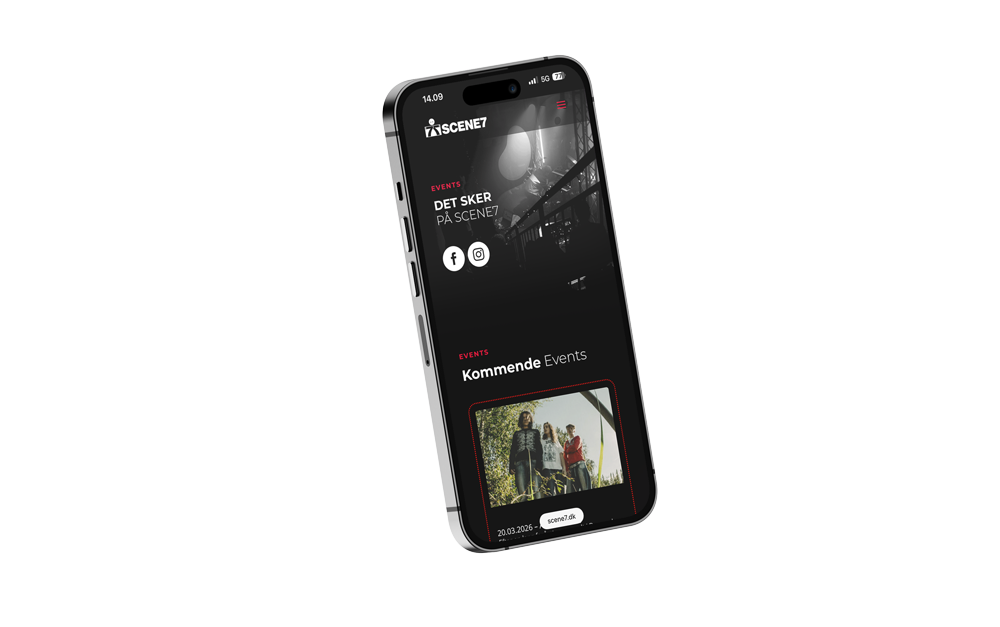 Scene7 - hjemmeside og bookingsystem vist som telefon-mockup